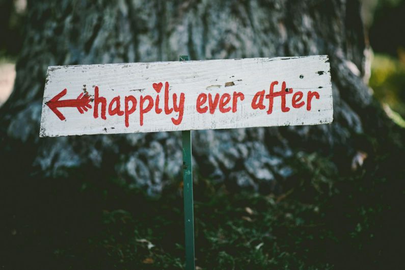 Forbidden Sign - gray and red happily ever after wooden signage